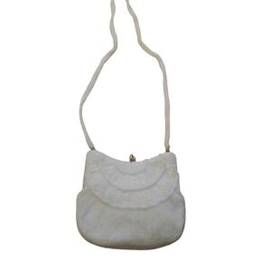 Vintage White Beaded Evening Bag Scalloped Seed‎ Bead Bridal Shoulder Purse